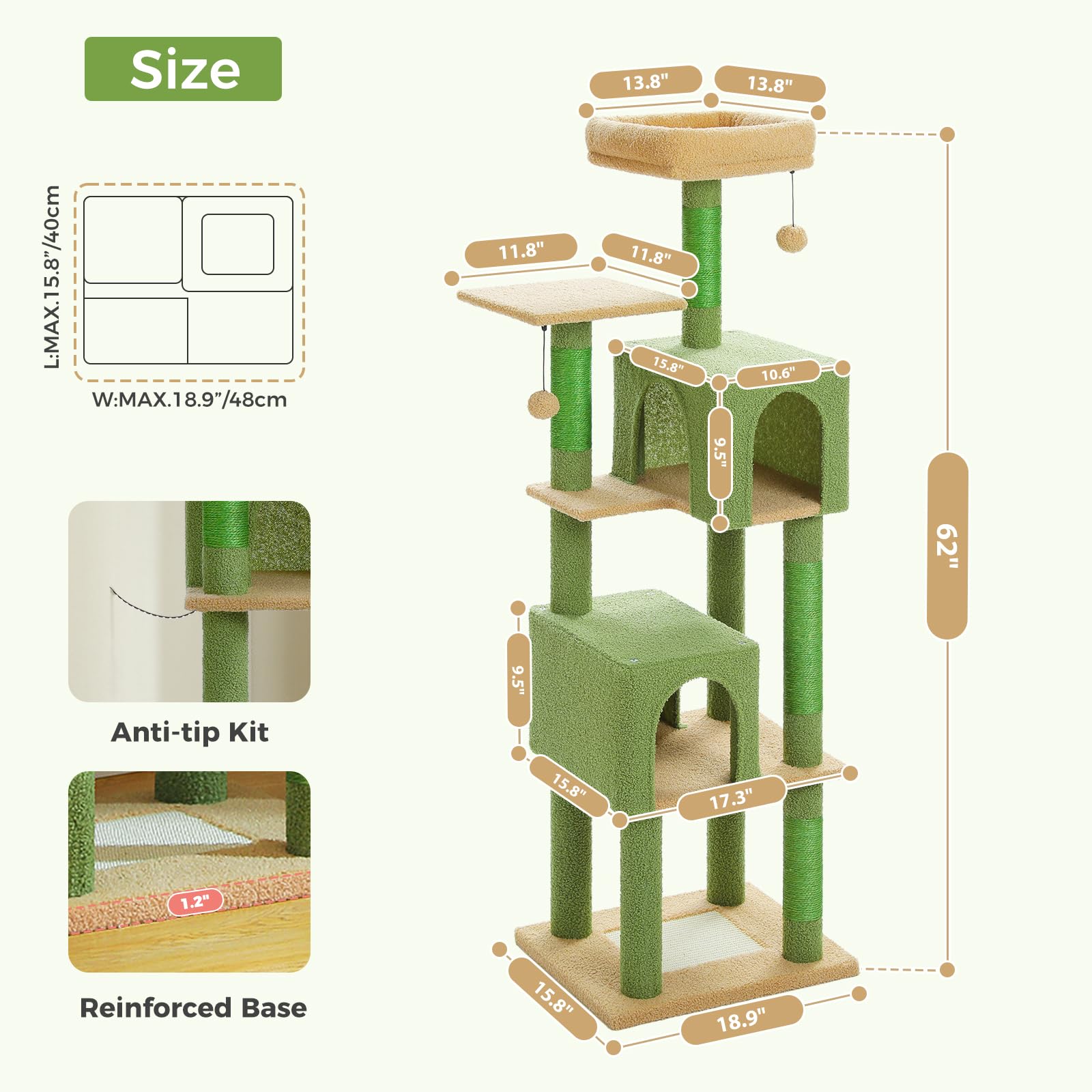 Pawz Road Cactus Cat Tree Tower 62 Inches Cat Tree With 2 Condos,2 Large Perch,4 Scratching Posts & 1 Scratching Board, And 2 Ha